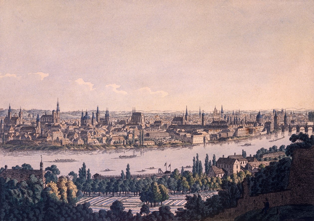 Cidades antigas e novas de Praga (gravura colorida) de Vincenc Morstadt