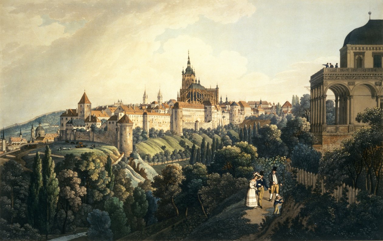 Castelo de Praga e a Casa de Verão Real, 1836 (gravura com aquatint) de Vincenc Morstadt