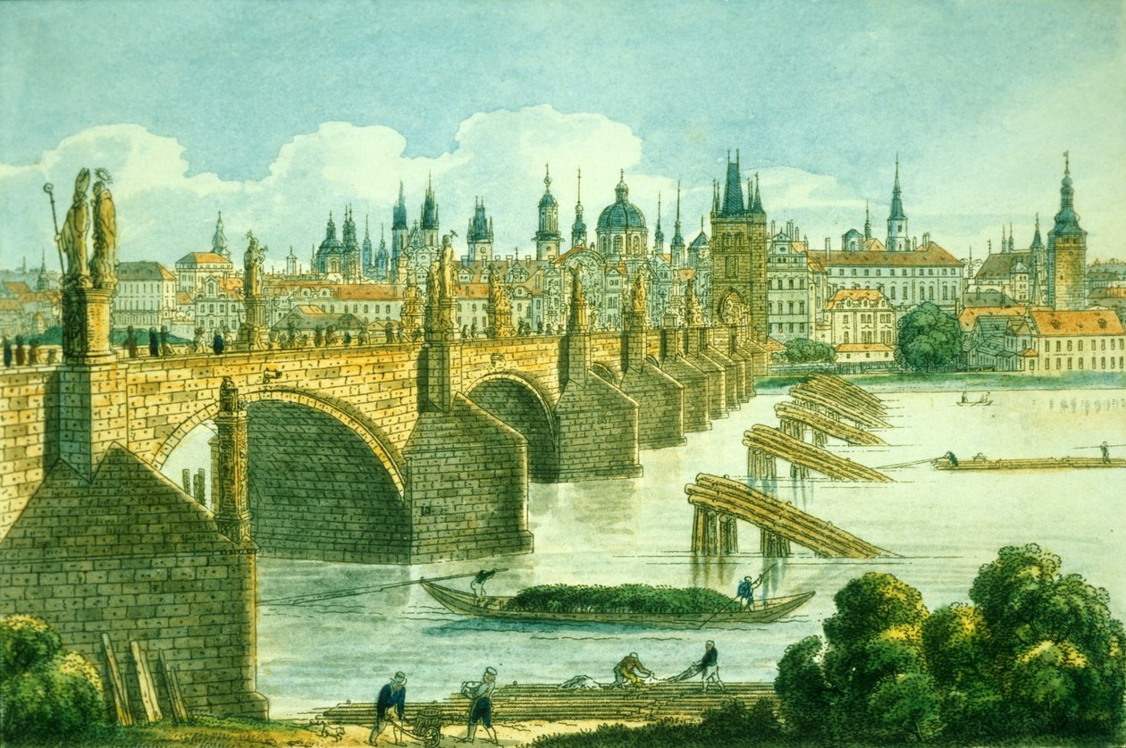 Cidade Velha de Praga da Ilha Kampa, c.1830 (gravura colorida) de Vincenc Morstadt