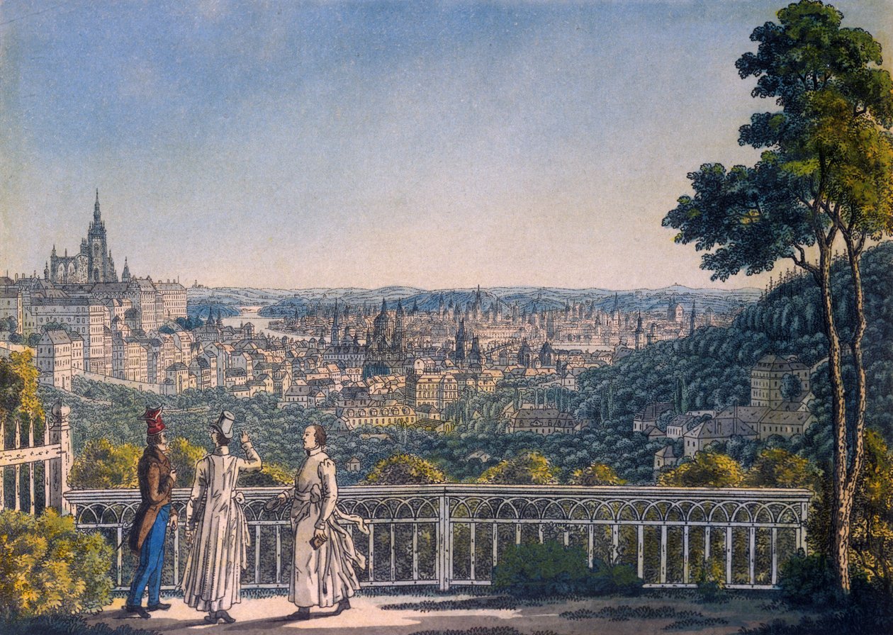 Vista de Praga do jardim do Mosteiro de Strahov, 1835 (gravura colorida) de Vincenc Morstadt
