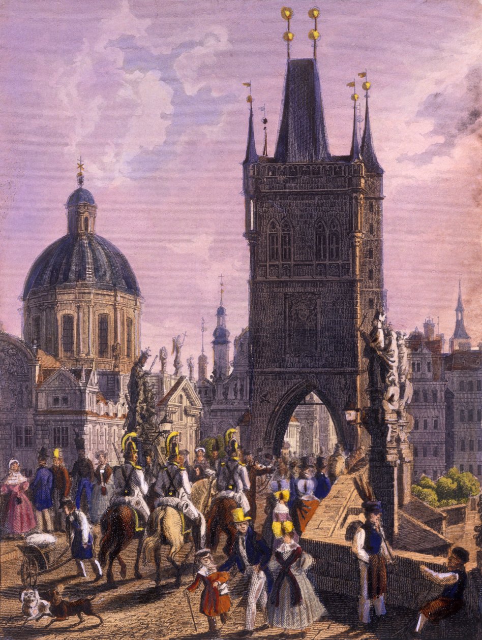 Vista, de, a, cidade velha ponte, torre, de, ponte charles, 1847, (colored, aço, engraving) de Vincenc Morstadt