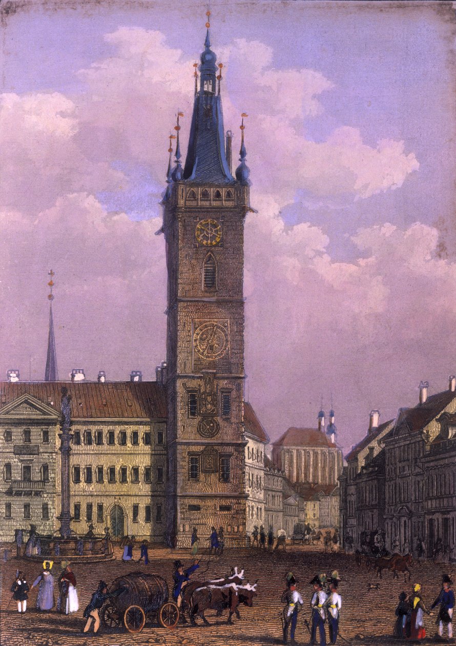 New Town Hall, Praga, 1847 (gravura em aço colorido) de Vincenc Morstadt