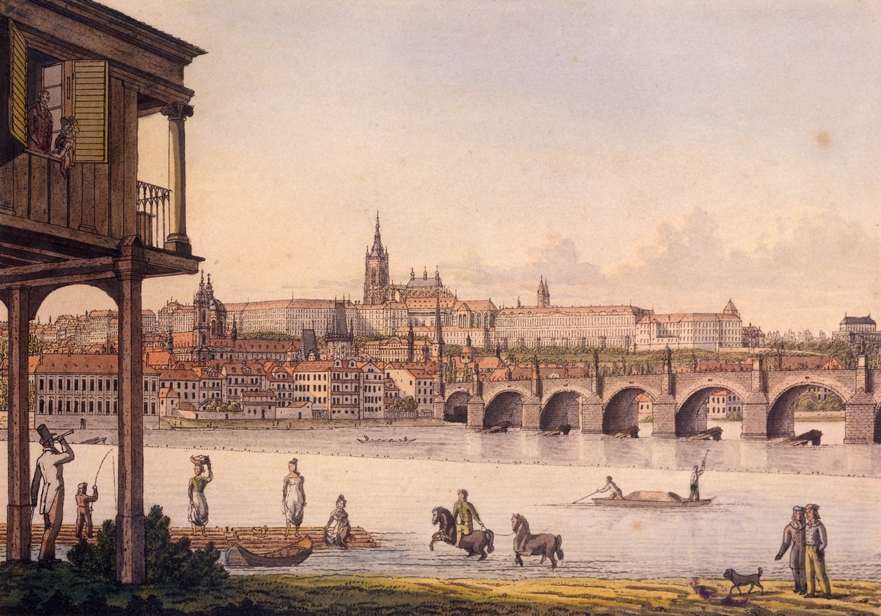 Vista do quartinho e Castelo de Praga Hradcany do banho de Papouek, 1825 (gravura colorida) de Vincenc Morstadt