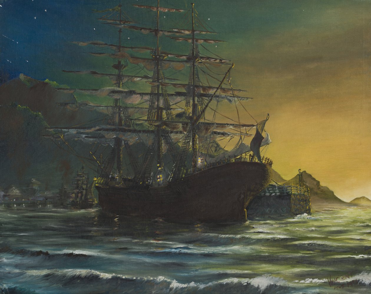 Navio Clipper no porto de 1860, 1991, (óleo sobre tela) de Vincent Alexander Booth