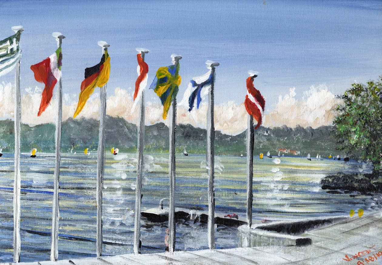 Bandeiras em Lac Leman, 2010, (acrílico sobre tela) de Vincent Alexander Booth