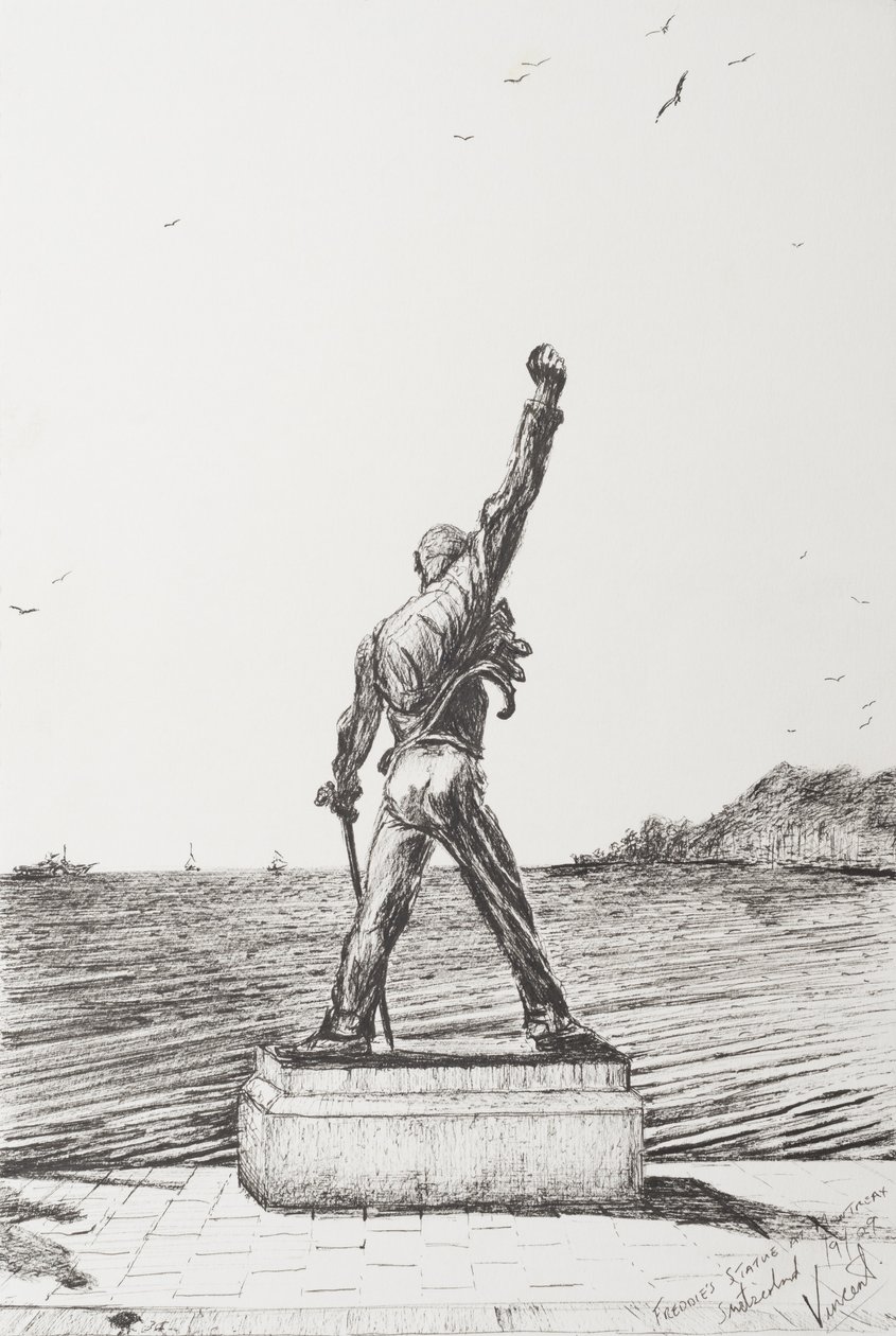 Freddie Mercury Statue Montreux Suíça, 2009, (tinta no papel) de Vincent Alexander Booth