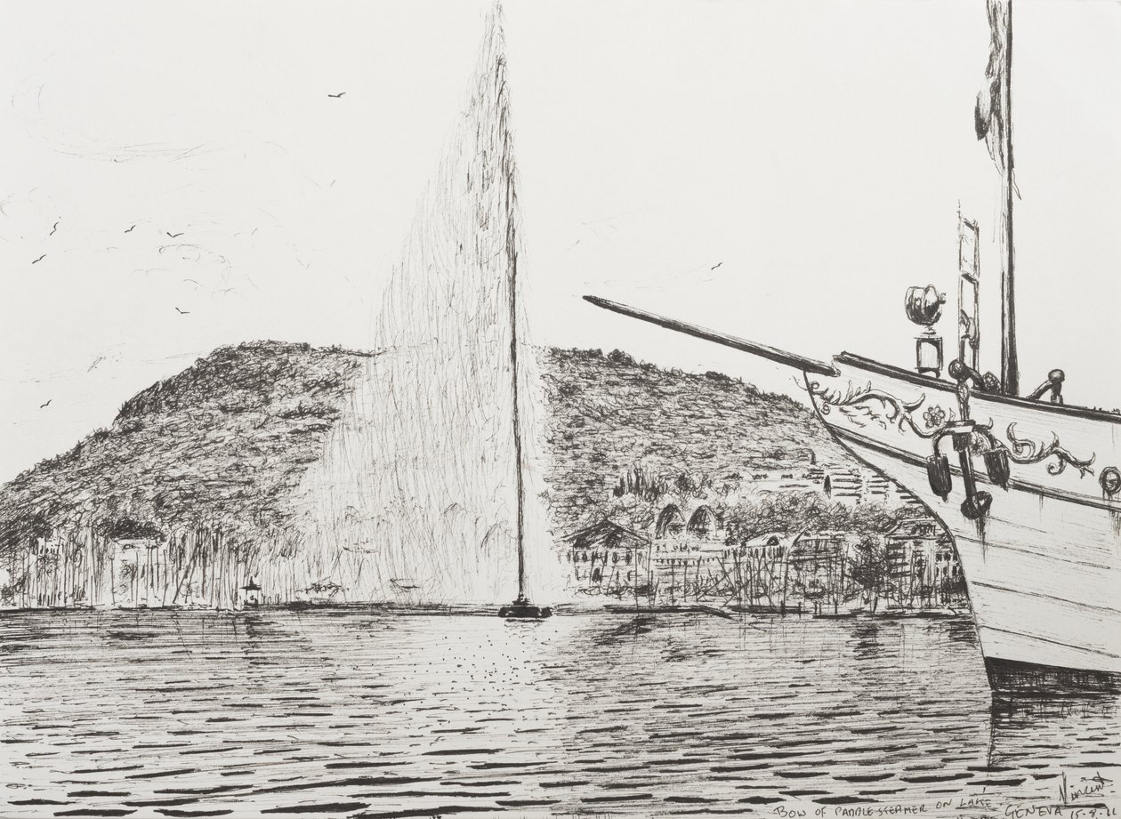Fonte de Genebra e arco de cruzador de prazer, 2011, (tinta no papel) de Vincent Alexander Booth
