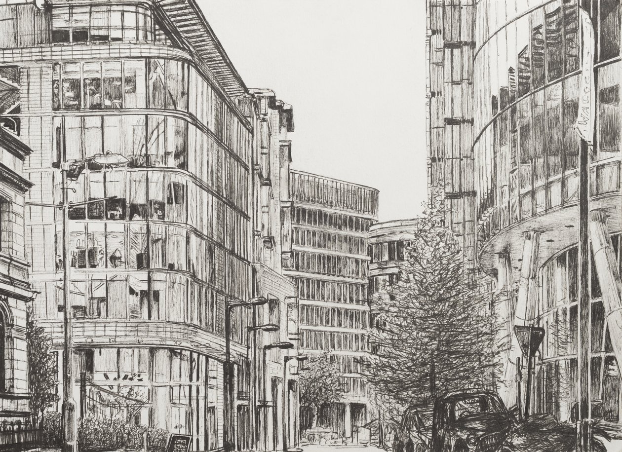 Manchester, Deansgate, vista do café, 2010, (tinta no papel) de Vincent Alexander Booth