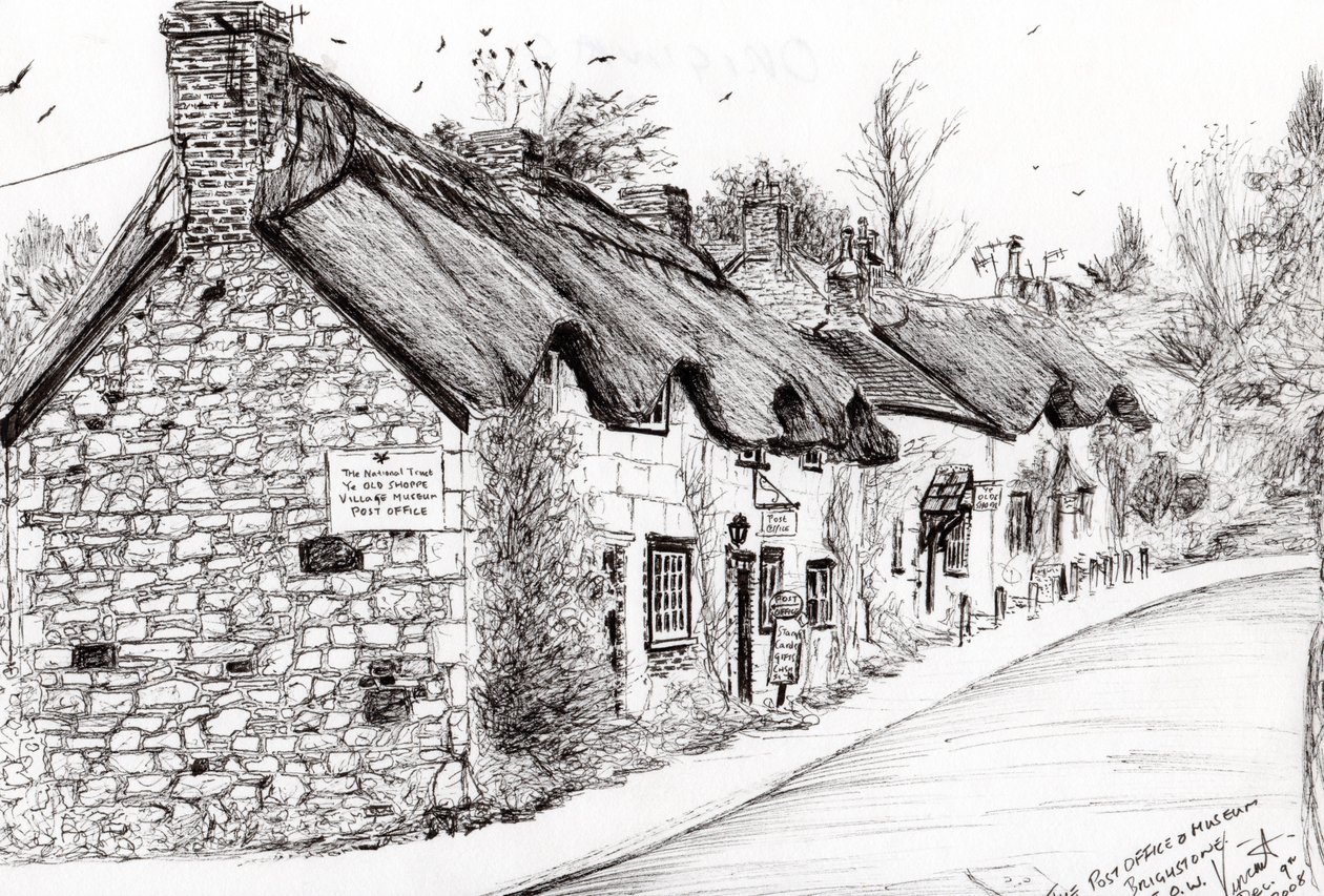 Correios e museu Brighstone IOW, 2008, (tinta no papel) de Vincent Alexander Booth