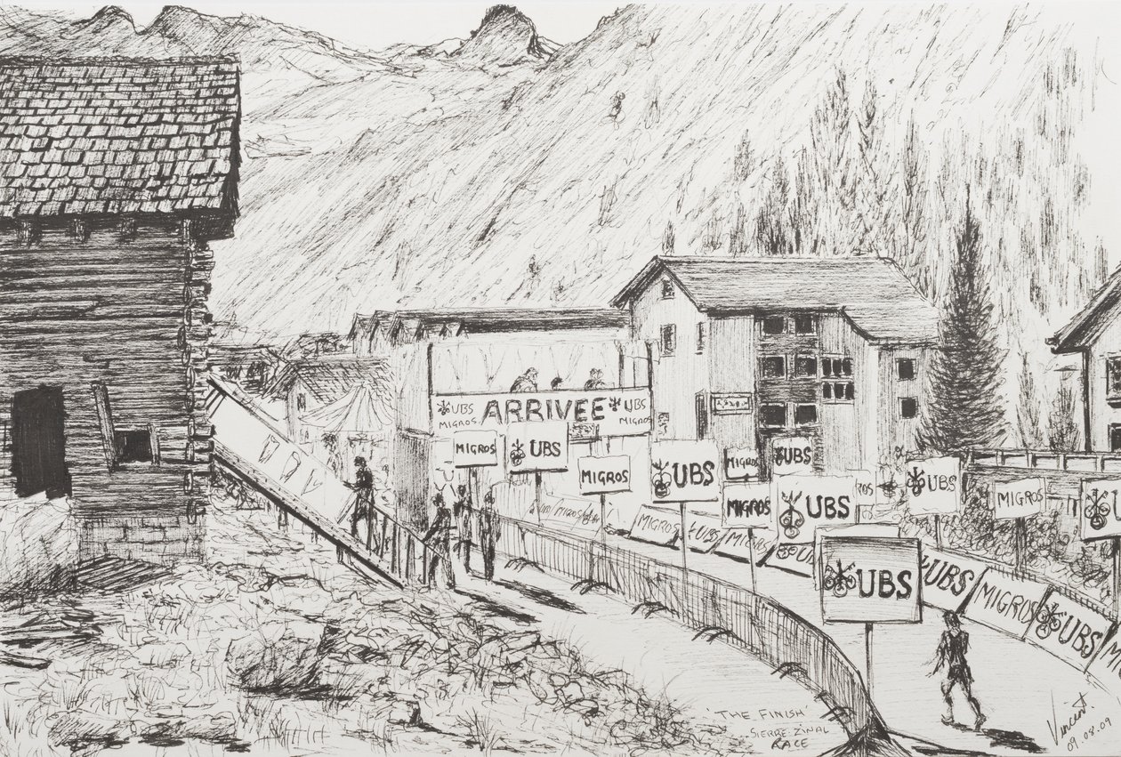 Sierre para Zinal Mountain Race, The Finish, 2009, (Tinta no papel) de Vincent Alexander Booth