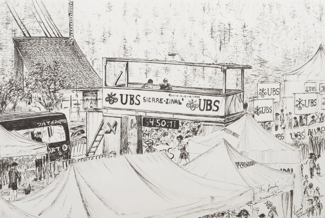 Sierre para Zinal Mountain Race, The Finish 2012. (Tinta no papel) de Vincent Alexander Booth
