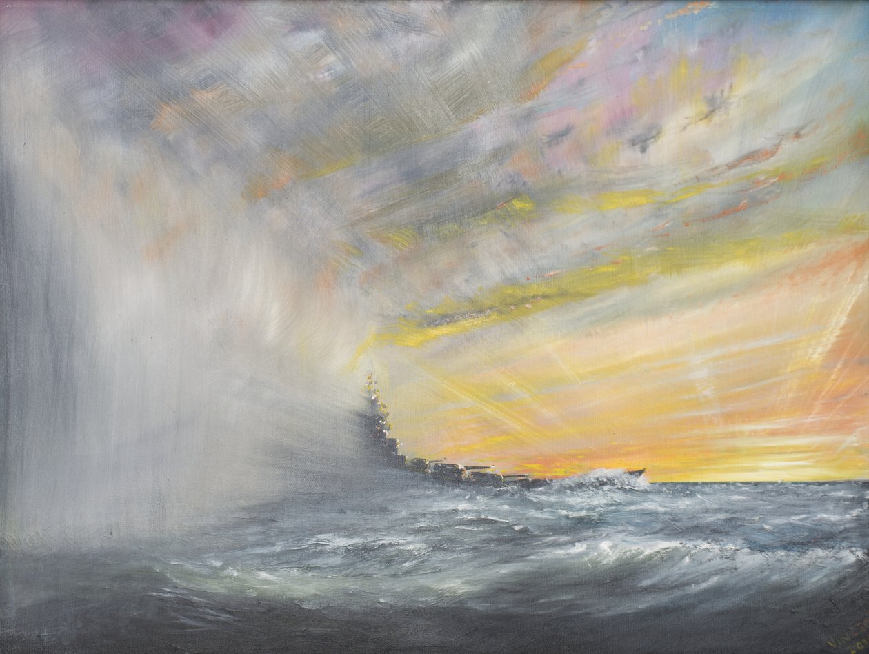 Yamato emerge do Pacific Typhoon 1944, 2010, (óleo sobre tela) de Vincent Alexander Booth