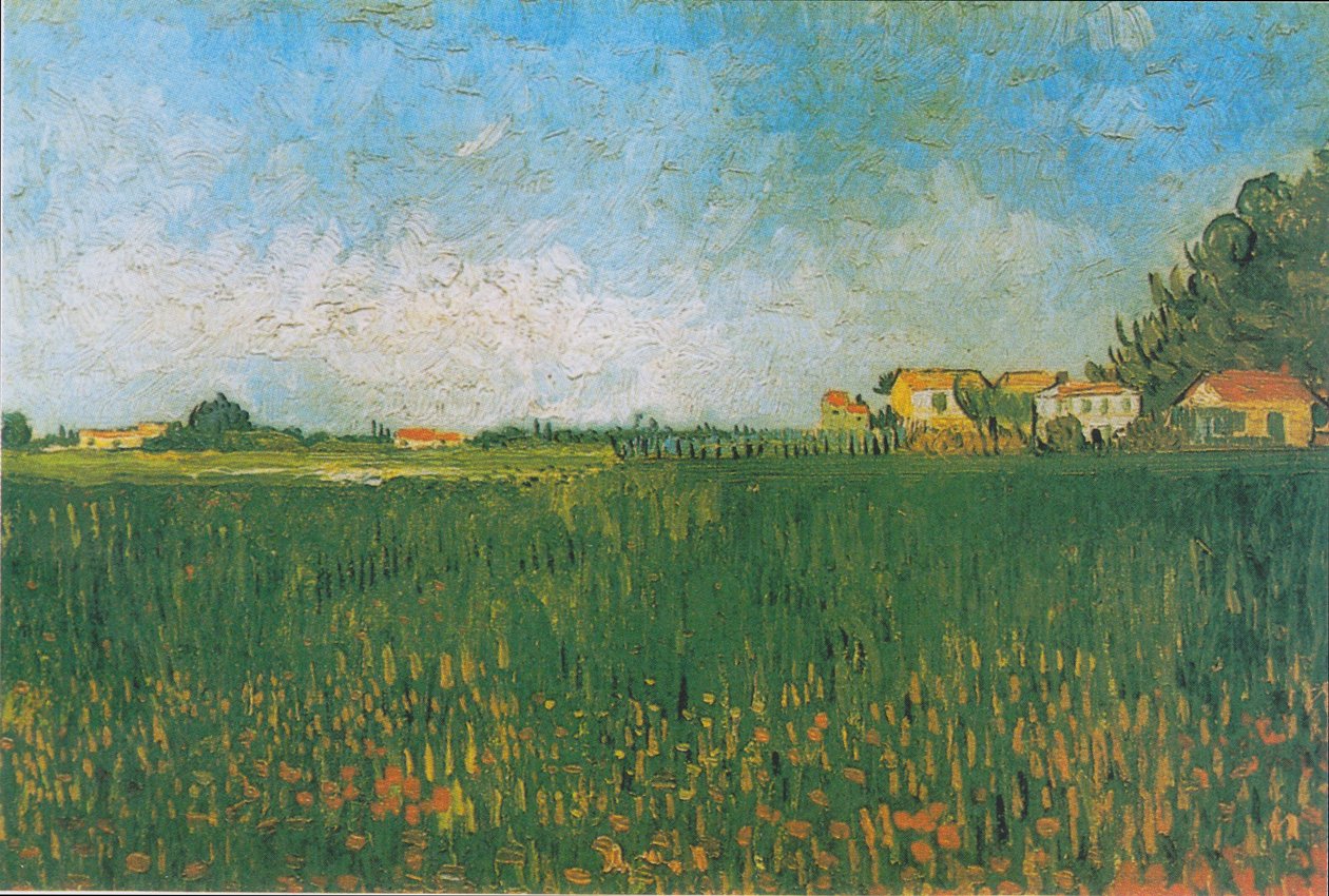 Fazendas em um campo de trigo em Arles de Vincent van Gogh