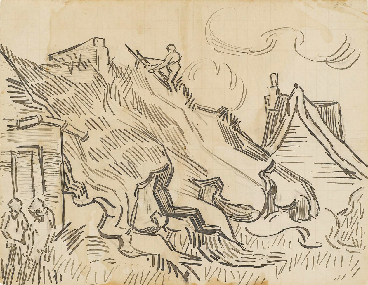 Casas com telhados de palha e figuras de Vincent van Gogh
