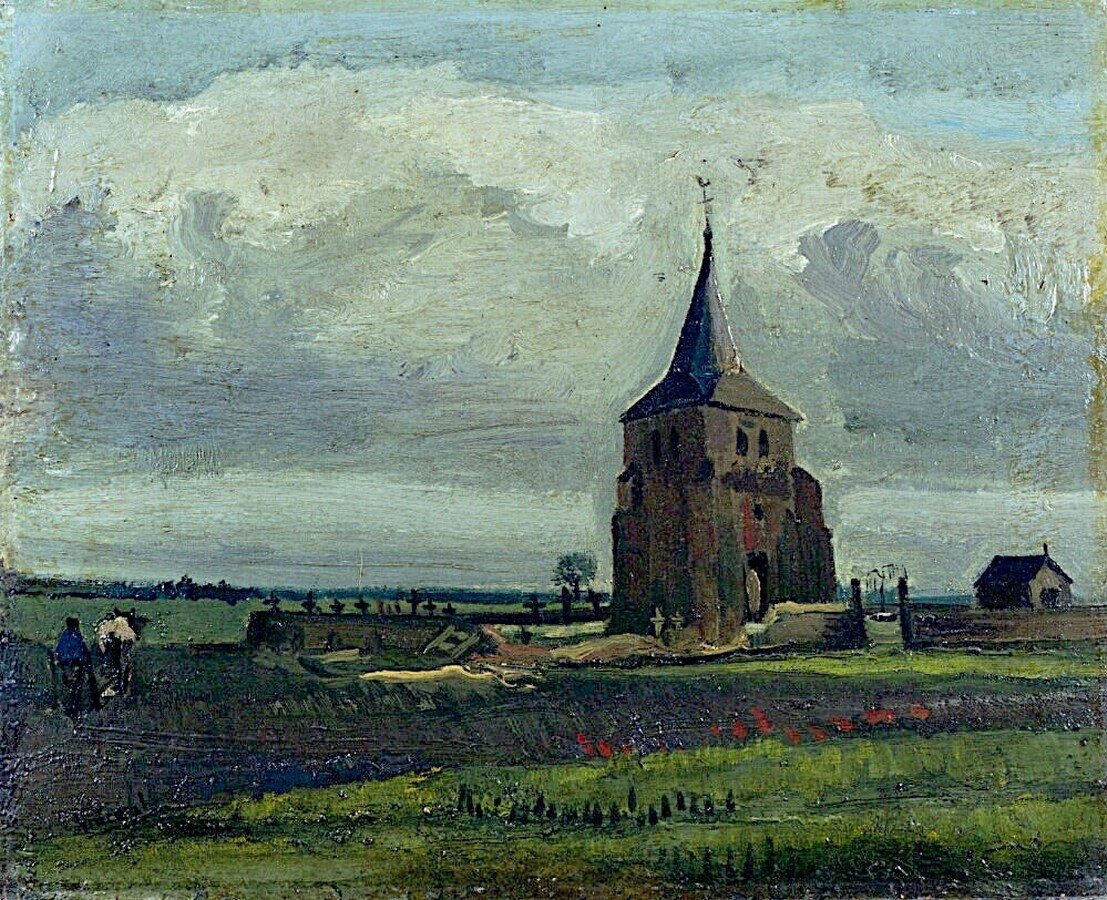 A antiga torre do cemitério em Nuenen com agricultores corajosos de Vincent van Gogh