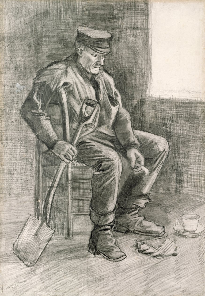 Homem, com, um, pá, descansar, 1882, (pencil, und, chalk) de Vincent van Gogh
