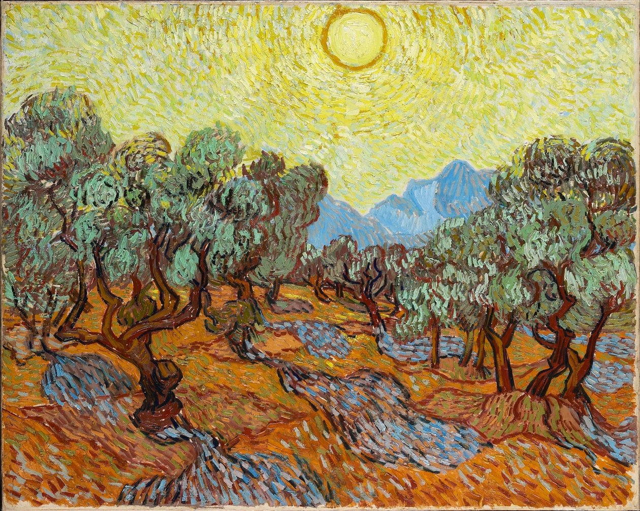 Oliveiras com céu amarelo e sol de Vincent van Gogh