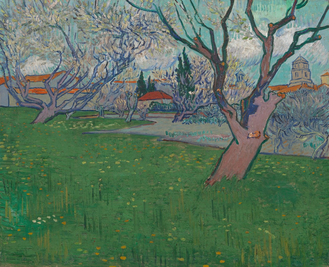 Pomares em Blossom, Vista de Arles de Vincent van Gogh