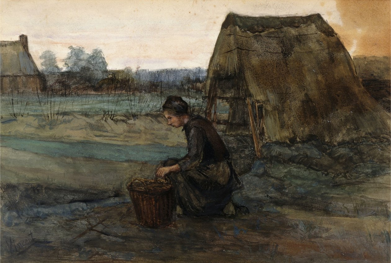 Camponesa ajoelhada na frente de um barraco de Vincent van Gogh