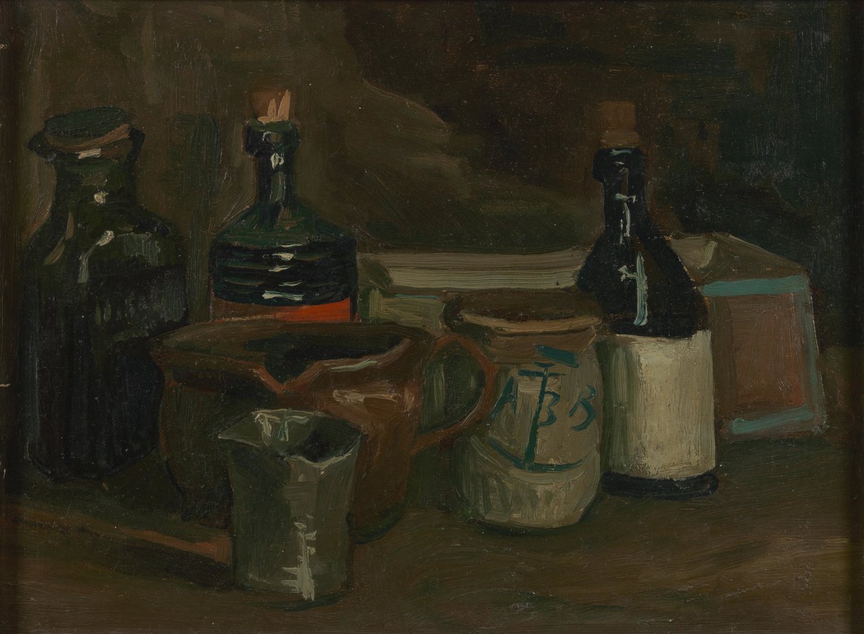 Natureza morta com garrafas e louça de barro de Vincent van Gogh