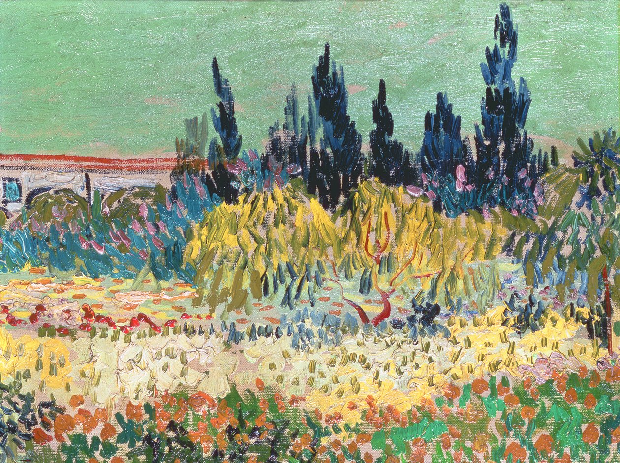 O jardim em Arles, detalhe dos ciprestes, 1888 (detalhe de 78273) de Vincent van Gogh