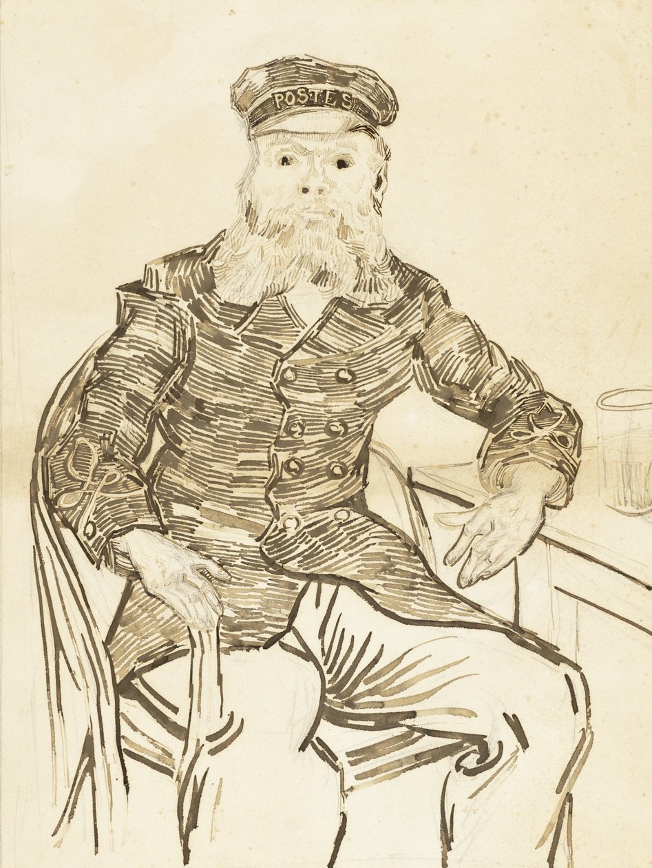 O carteiro Joseph Roulin, 1888 (tinta marrom sobre grafite sobre papel) de Vincent van Gogh