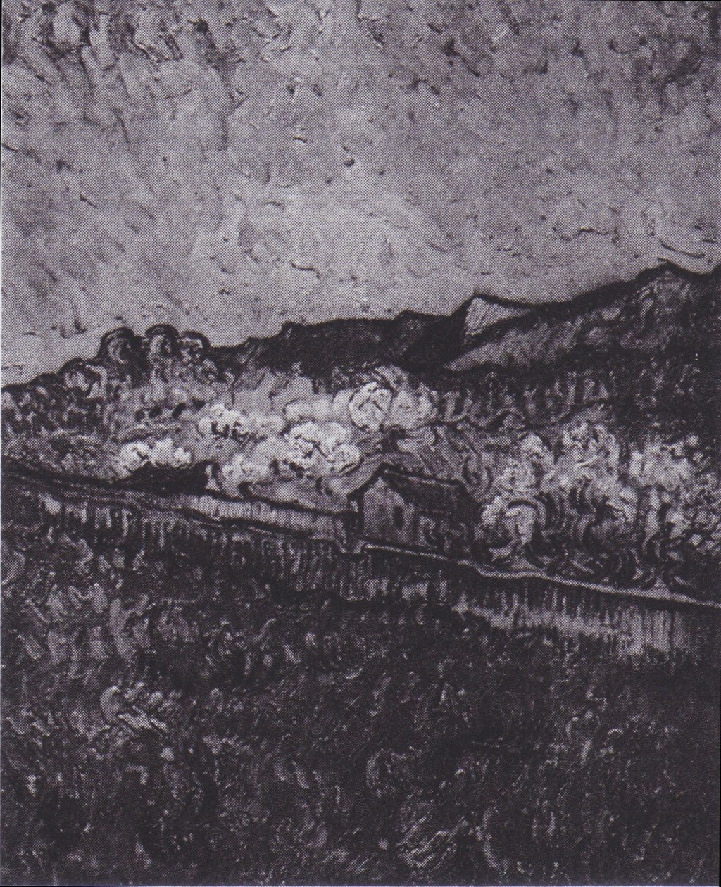 Campo fechado com vista para uma paisagem de montanha de Vincent van Gogh