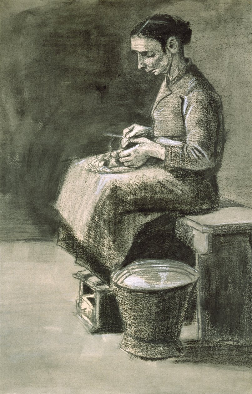 Mulher descascando batatas, 1882 (giz preto e lavagem aumentada com branco sobre papel) de Vincent van Gogh