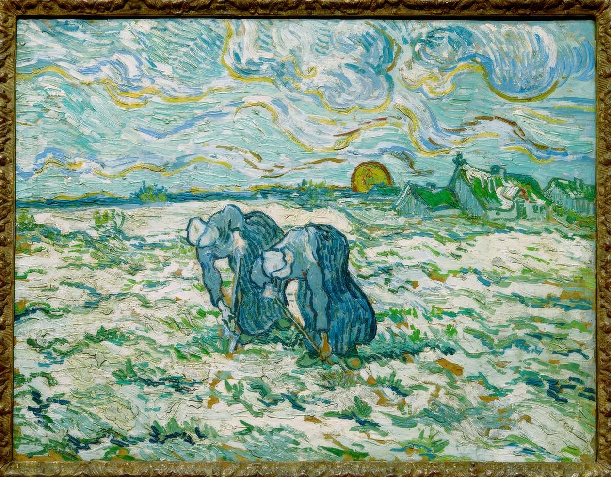 Duas mulheres camponesas burrowing no campo nevado de Vincent van Gogh