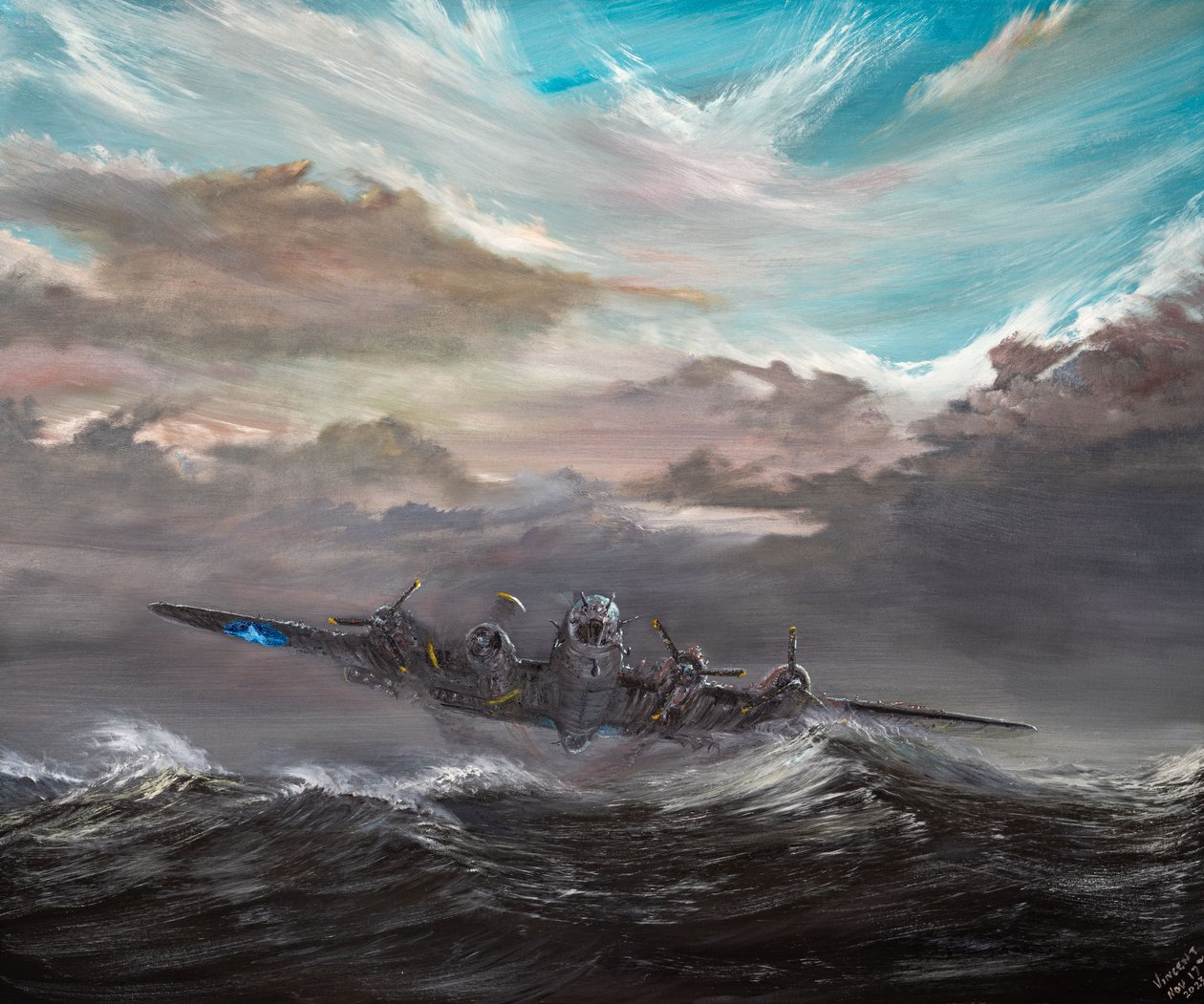B17F "Dry Run 2" aterragem no mar do Norte, 2023 (óleo sobre tela) de Vincent Alexander Booth