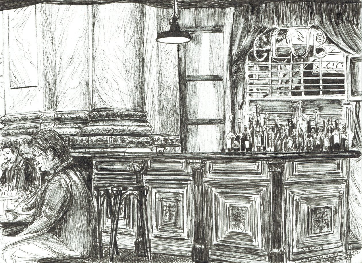 Café no Royal Exchange, Manchester, 2011, (tinta sobre papel) de Vincent Alexander Booth