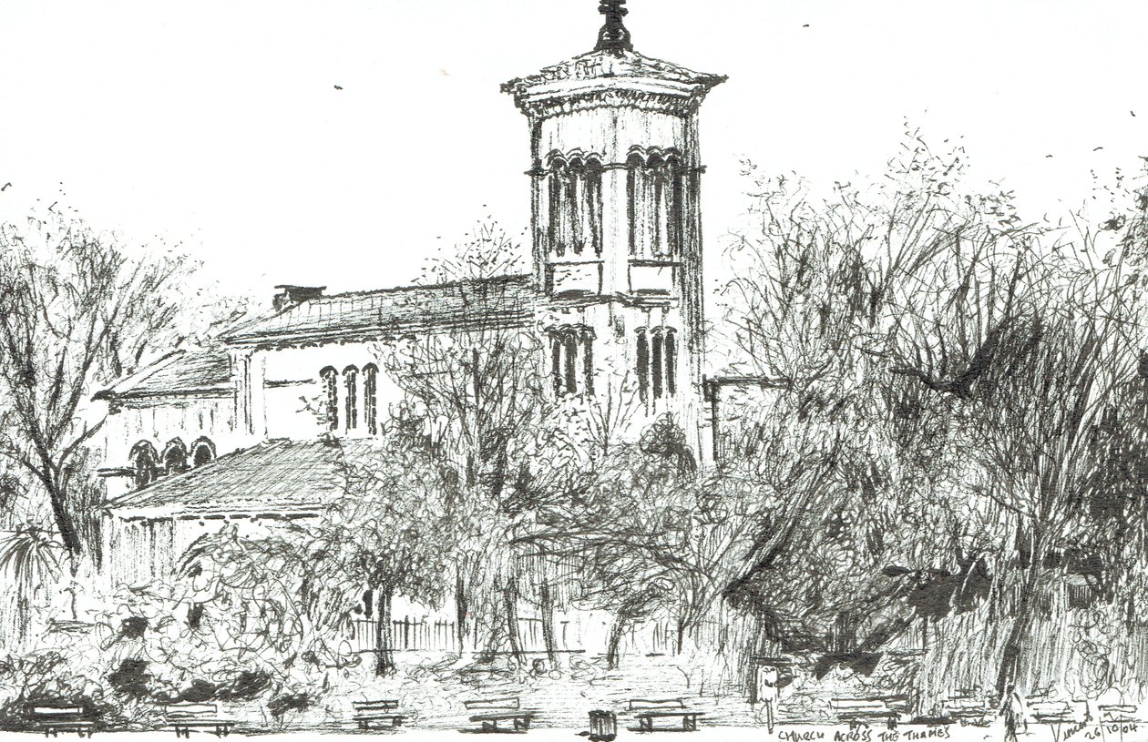 Igreja do outro lado do Tâmisa, 2004, (tinta sobre papel) de Vincent Alexander Booth