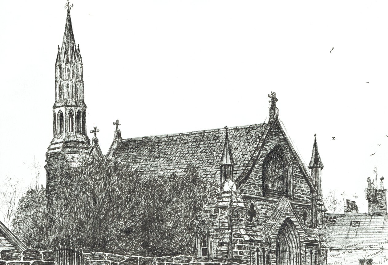 Igreja em Stonehaven, Escócia, 2007, (tinta sobre papel) de Vincent Alexander Booth