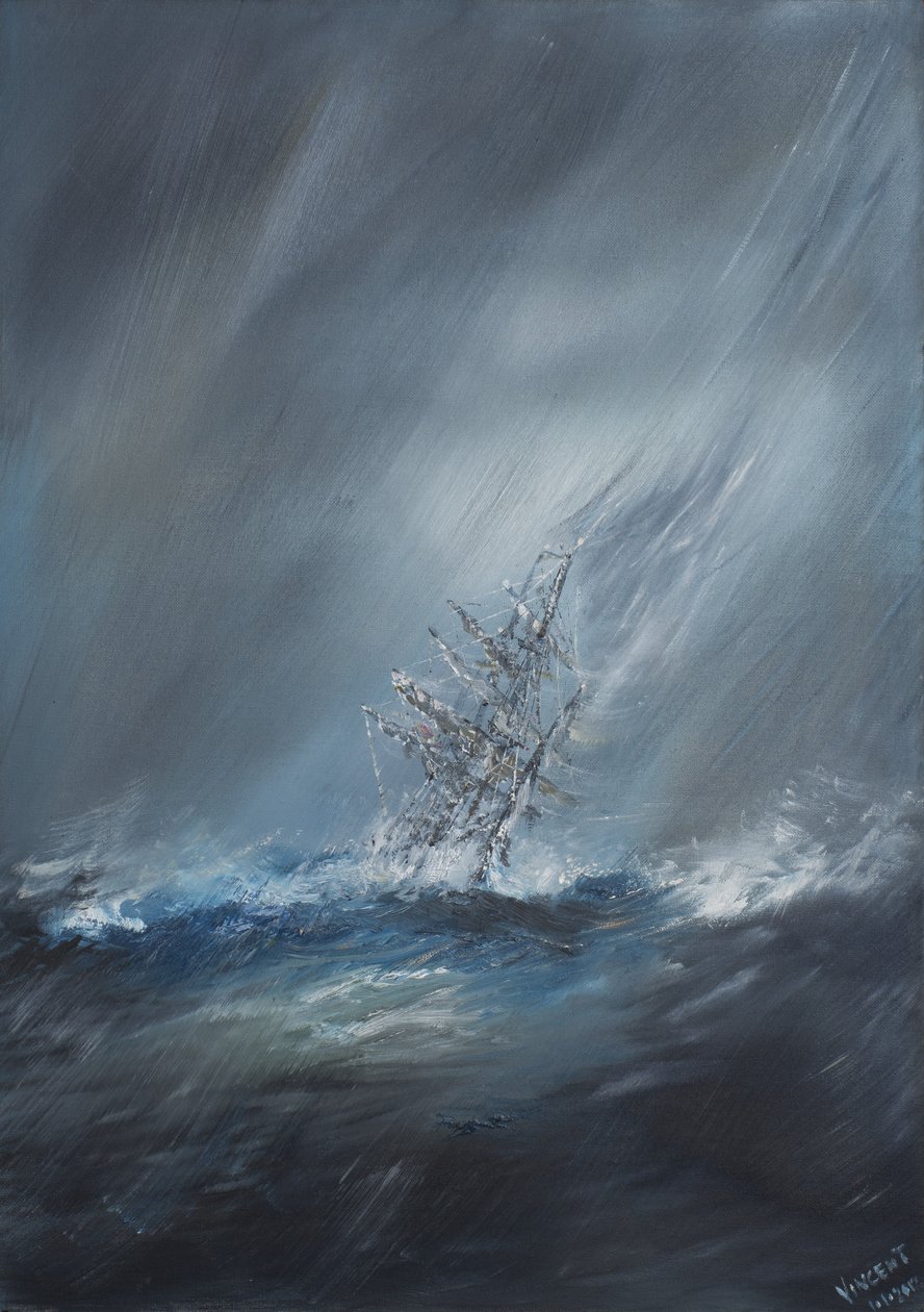 HMS Beagle em Storm off Cape Horn 24 de dezembro de 1832. 2012, (óleo sobre tela) de Vincent Alexander Booth