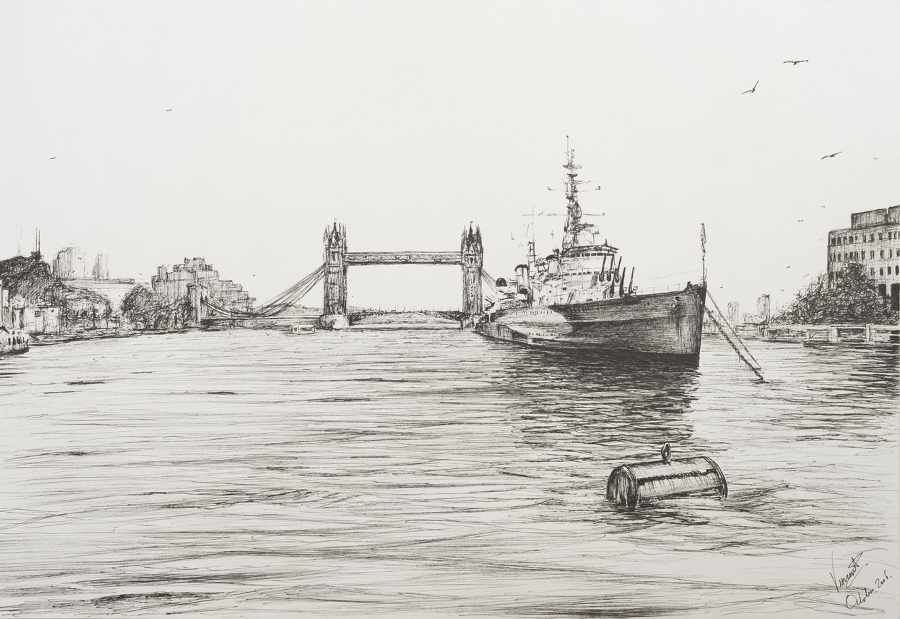 HMS Belfast no rio Tamisa Londres, 2006, (tinta sobre papel) de Vincent Alexander Booth