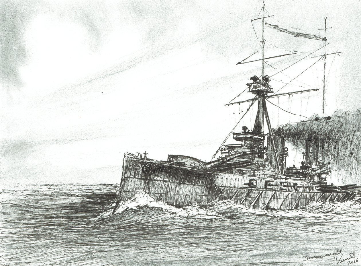 HMS Dreadnought no mar, 2017, (tinta no papel) de Vincent Alexander Booth
