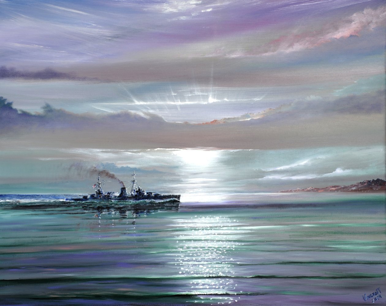 HMS Neptuno, Mediterrâneo Dezembro 1941, 2019 (óleo sobre tela) de Vincent Alexander Booth
