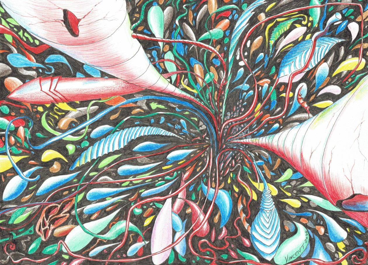 Oceanos de Enceladus, 2024 (tinta e lápis sobre papel) de Vincent Alexander Booth