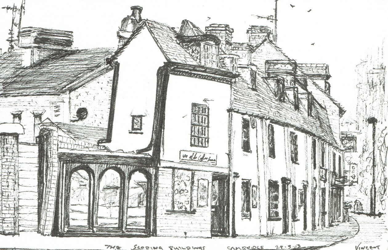 Edifícios inclinados Cambridge, 2003, (tinta sobre papel) de Vincent Alexander Booth