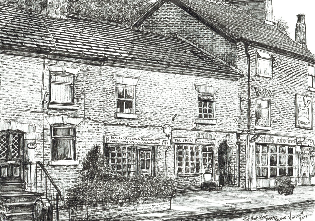 A livraria em Marple Bridge, 2017, (tinta no papel) de Vincent Alexander Booth