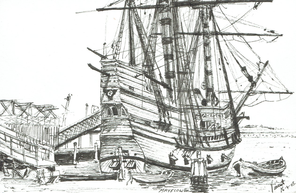 O Mayflower, Plymouth, Massachusetts. 2003, (tinta no papel) de Vincent Alexander Booth