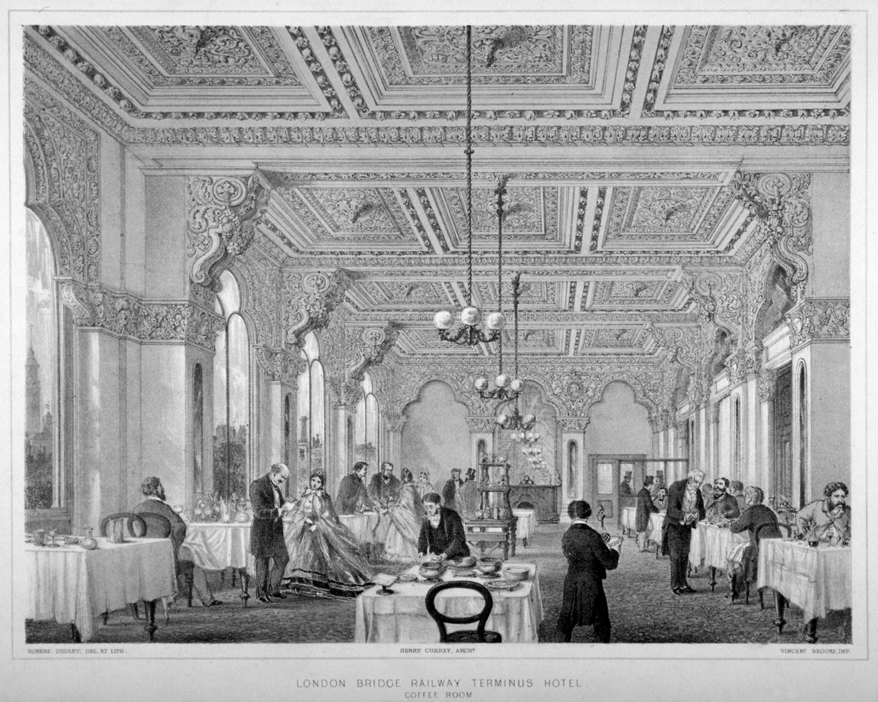 A sala de café no London Bridge Railway Terminus Hotel, Bermondsey, Londres, 1860. de Vincent Brooks