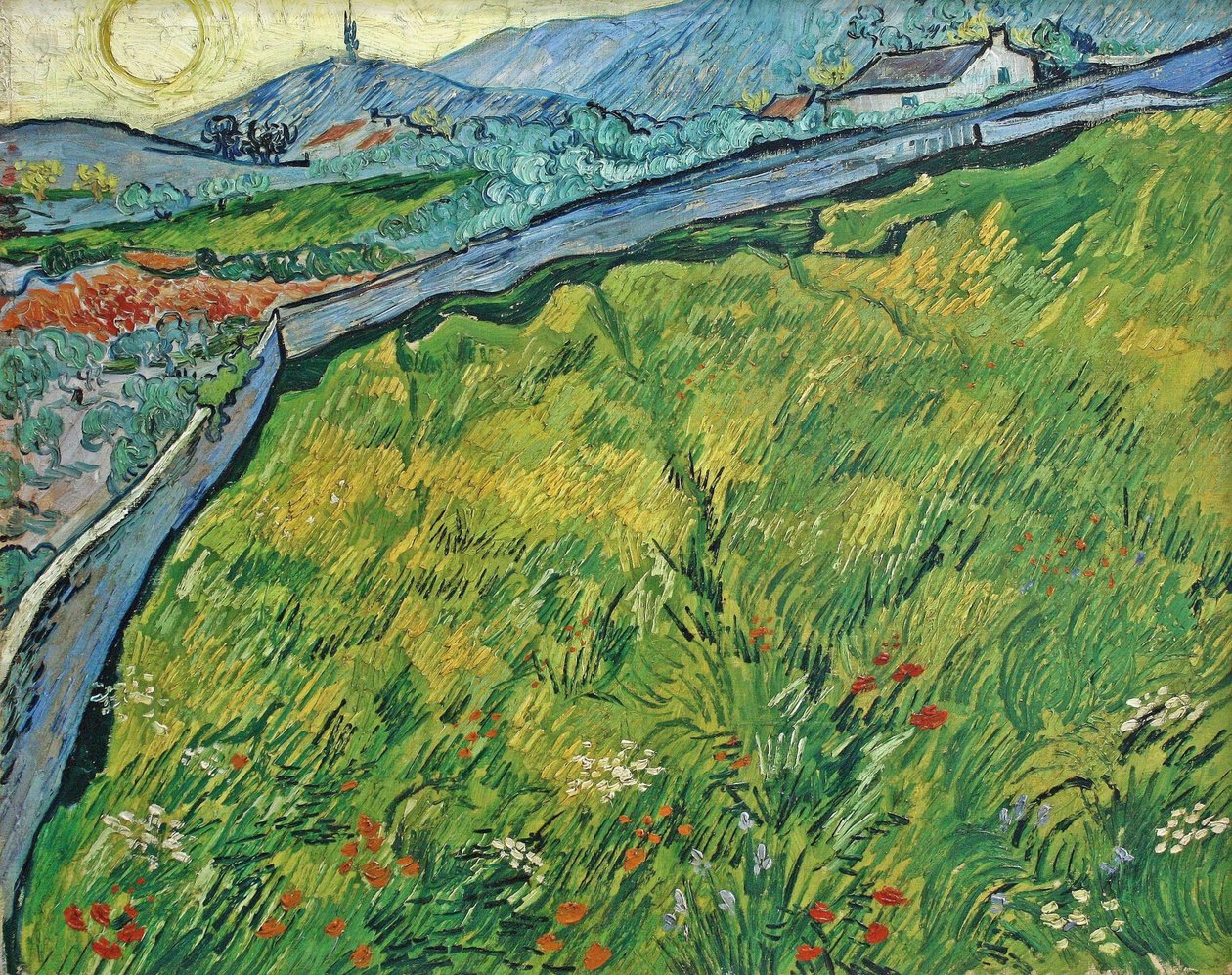 Campo de trigo fechado com sol nascente, 1889. de Vincent van Gogh