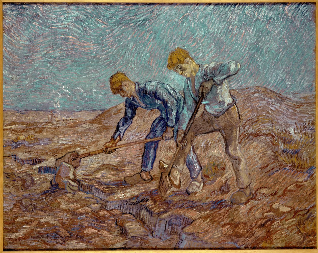 Dois camponeses cavando depois de painço, 1889. de Vincent van Gogh