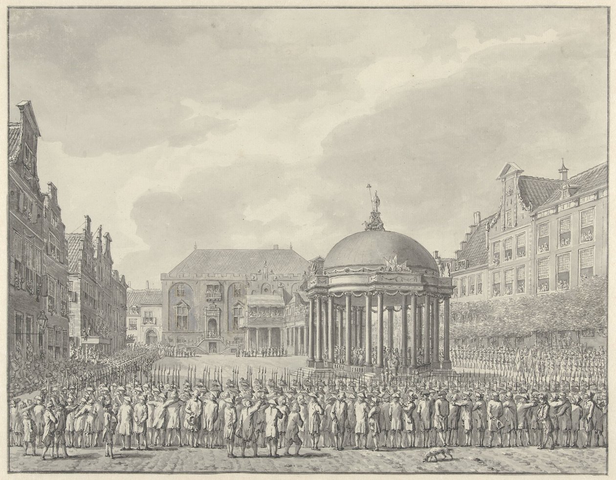 Empossado dos Regulamentos do Governo no Grote Markt em Haarlem, 5 de setembro de 1787 de Vincent Jansz. van der Vinne (signed by artist)