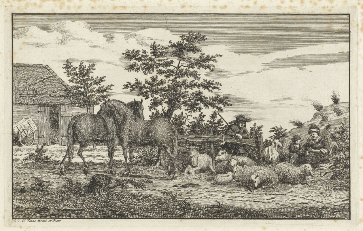 Pastor por mulher sentada e crianças por ovelhas e dois cavalos de Vincent Jansz. van der Vinne
