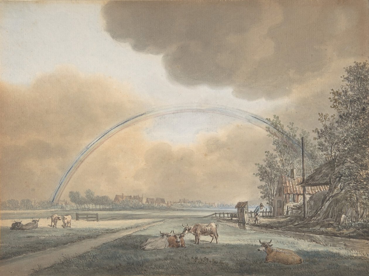 Paisagem com arco-íris sobre uma quinta e aldeia distante, s.d.. de Vincent Jansz. van der Vinne