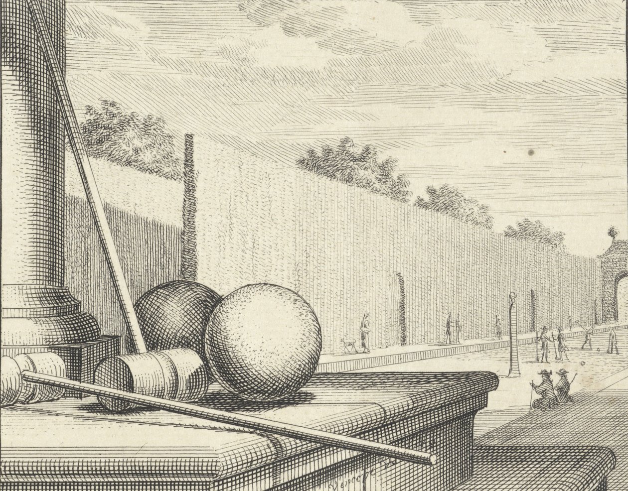 Atributos de croquet com jogadores de croquet ao fundo, 1714. de Vincent Laurensz Vinne van der