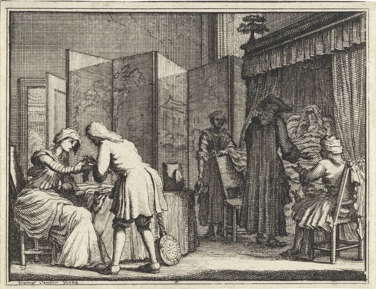 Figuras em torno de uma cama doente e um médico que conecta uma mulher de Vincent Laurensz. van der Vinne (II)