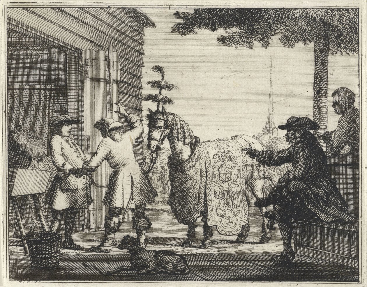 Comerciantes perto de um cavalo ricamente decorado de Vincent Laurensz. van der Vinne (II)